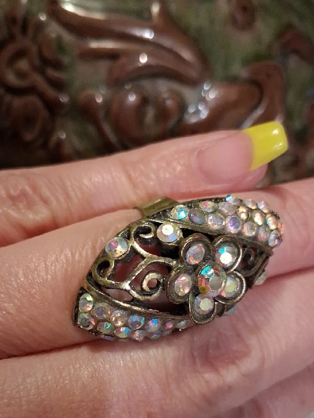 Aurora Crystal Flower Statement Ring - Vintage Gold Tone